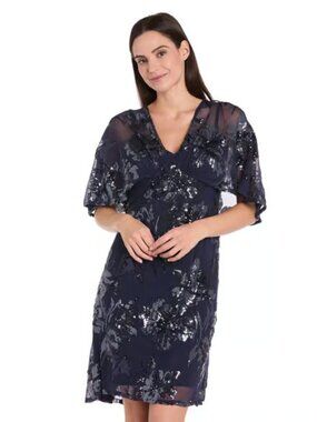 R&M Richards Navy Blue Flutter Sequin Embroidered Floral Cocktail Shift Dress